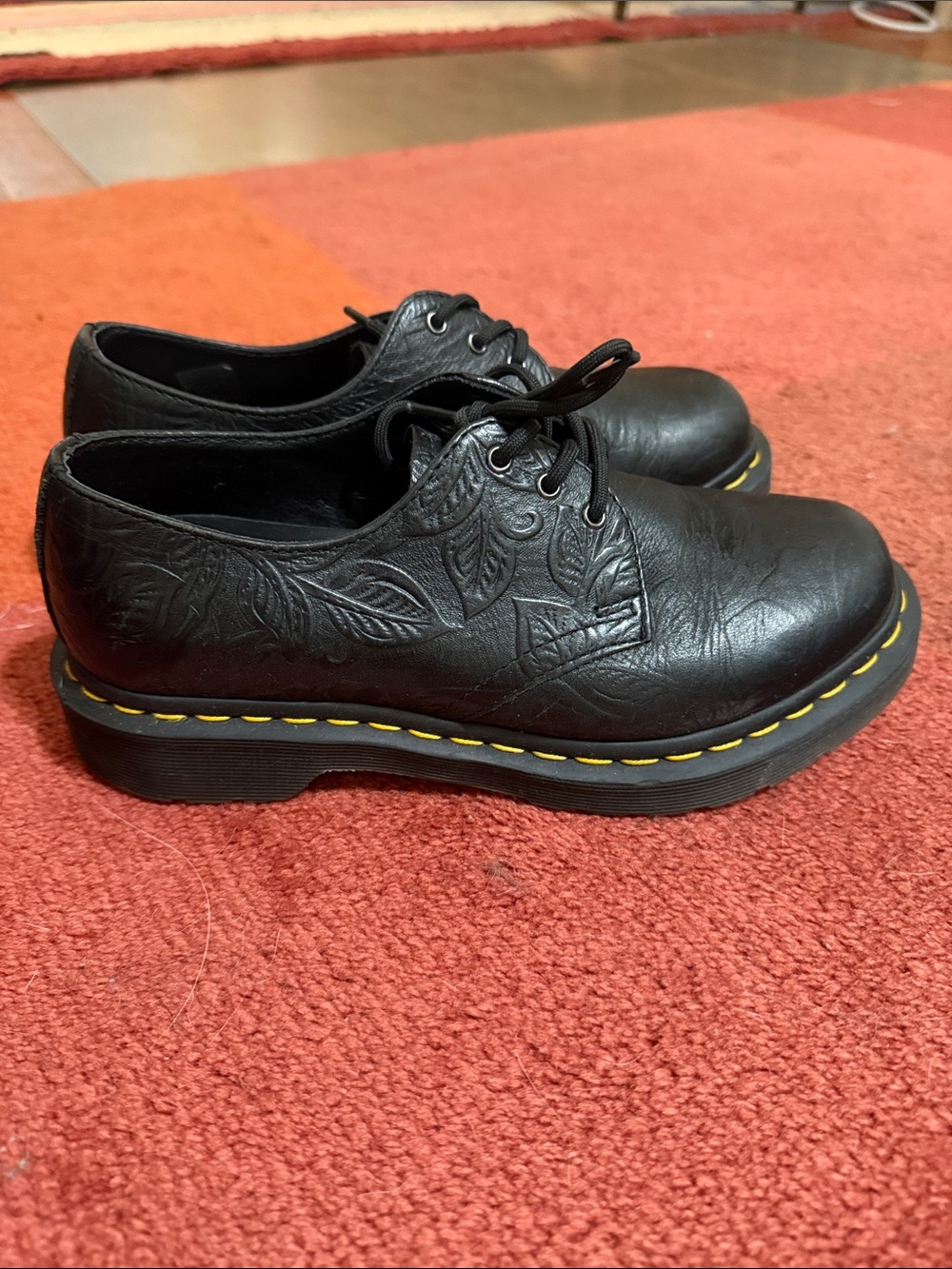 Dr. Martens Black Leather Floral Embossed 3-Eye Oxfords with Yellow Stitching